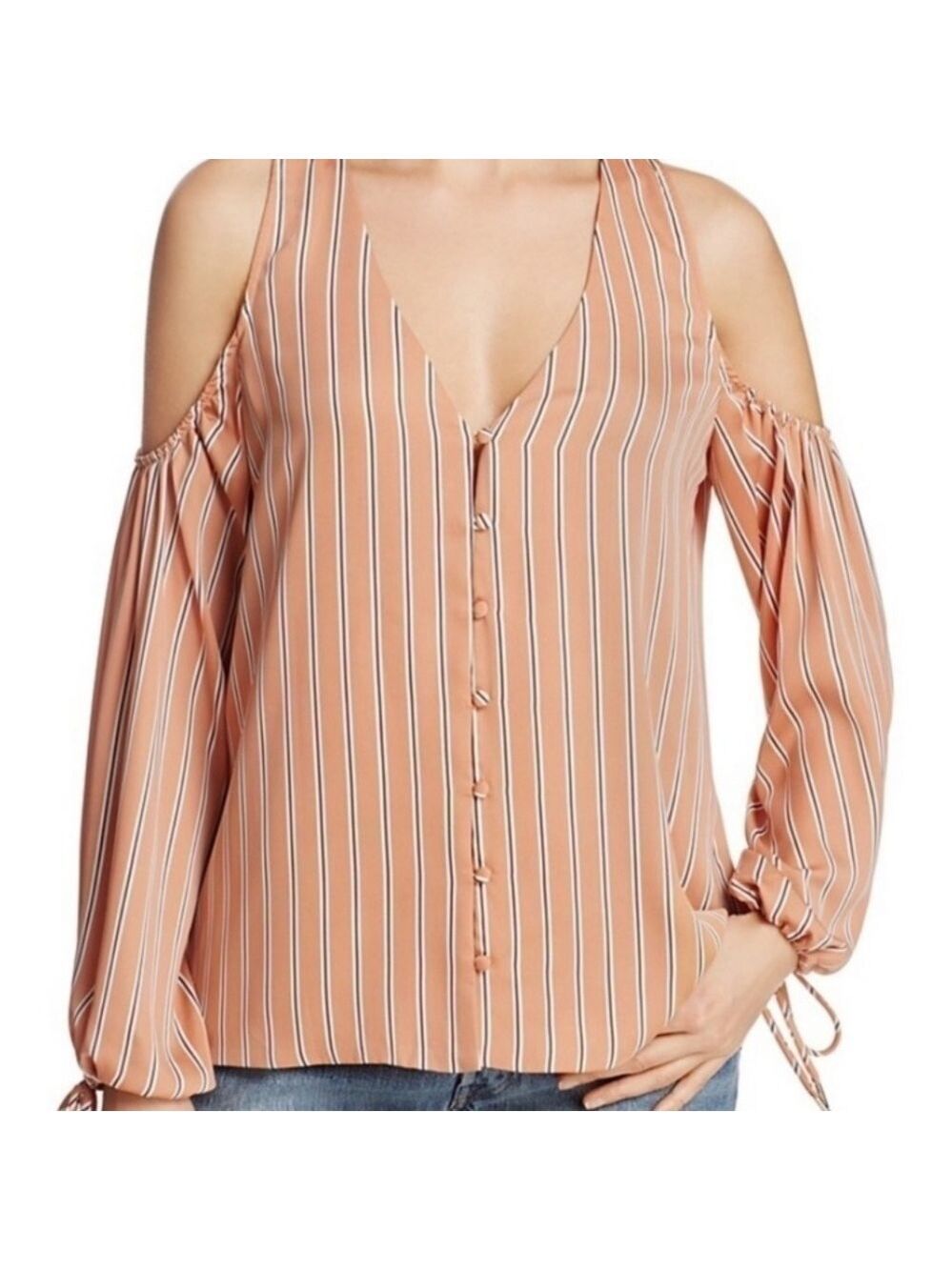 L’academie Striped Cold Shoulder V-Neck Button Up Long Sleeve Top